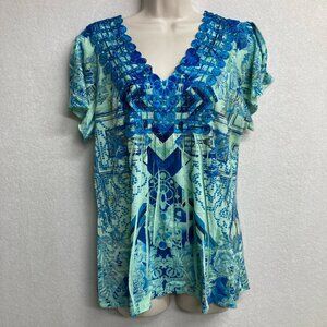 One World Petite Large Blue Crochet V-Neck Embellished Boho Blouse